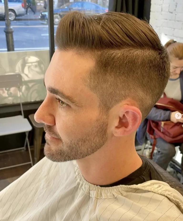 Side-part pompadour with beard trim